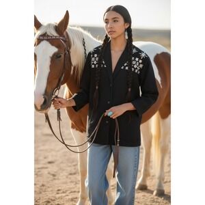 Vtg Carole Little Sport 90s Black Embroidered Beaded Southwestern Jacket Vtg 4 M